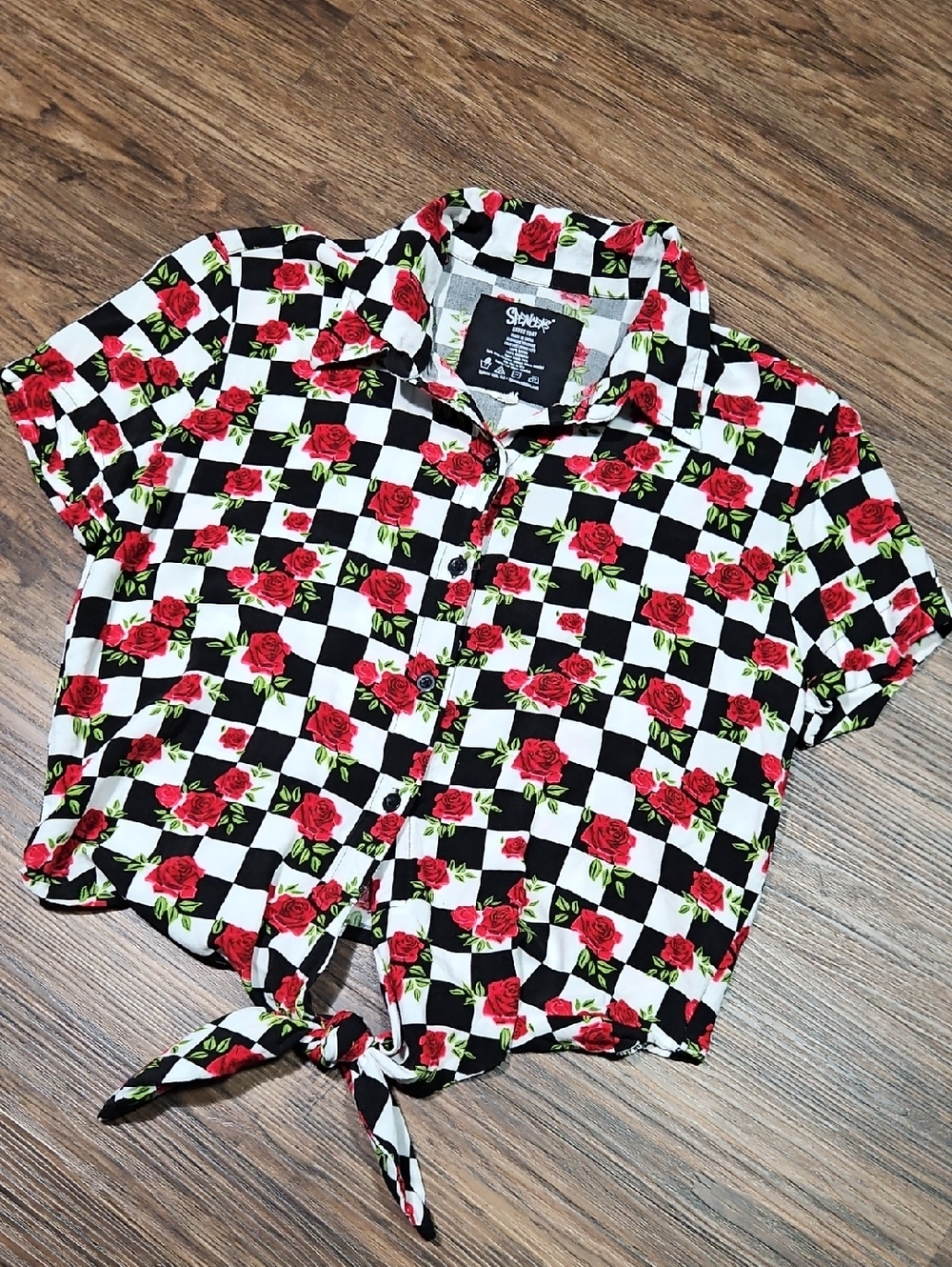 Spencer's Black & White Checkered Tie-Front Shirt with Red Rose Print